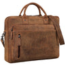 Braune Laptoptasche aus Vintage-Rindsleder, Frontansicht mit Griff, Schulterriemen und sichtbarer STILORD-Prägung, für 13–14 Zoll