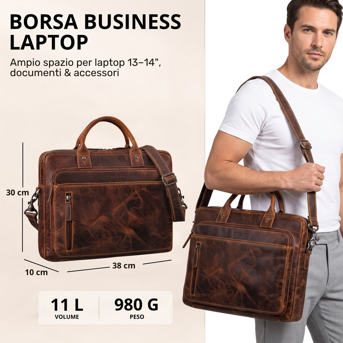 Braune Echtleder-Business-Tasche STILORD mit Laptopfach 13–14''; Frontansicht, Maßangaben und Modell trägt sie über der Schulter