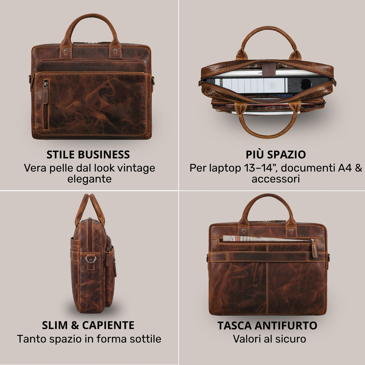 Braune Leder-Business-Tasche luino, Front-, Seiten- und Rückansicht mit offenem Laptopfach und Antidiebstahl-Tasche