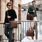 Braune Ledertasche Syd mit Laptopfach 13–14 Zoll, Schultergurt und Handgriff, Männer in urbaner Umgebung