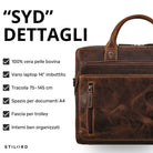Business-Tasche aus braunem Vintage-Rindsleder, Detailansicht Frontfach, Griff und geprägtem STILORD-Logo