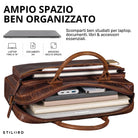 Leder-Businesstasche luino braun, geöffnete Ansicht mit Laptopfach bis 14 Zoll, Notizbuch und Zubehör, Vintage-Rindsleder