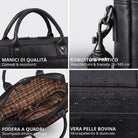 Schwarze Business-Tasche aus Rindleder, Nahaufnahmen: Griffe, Karabiner, kariertes Innenfutter und wasserabweisende STILORD-Prägung