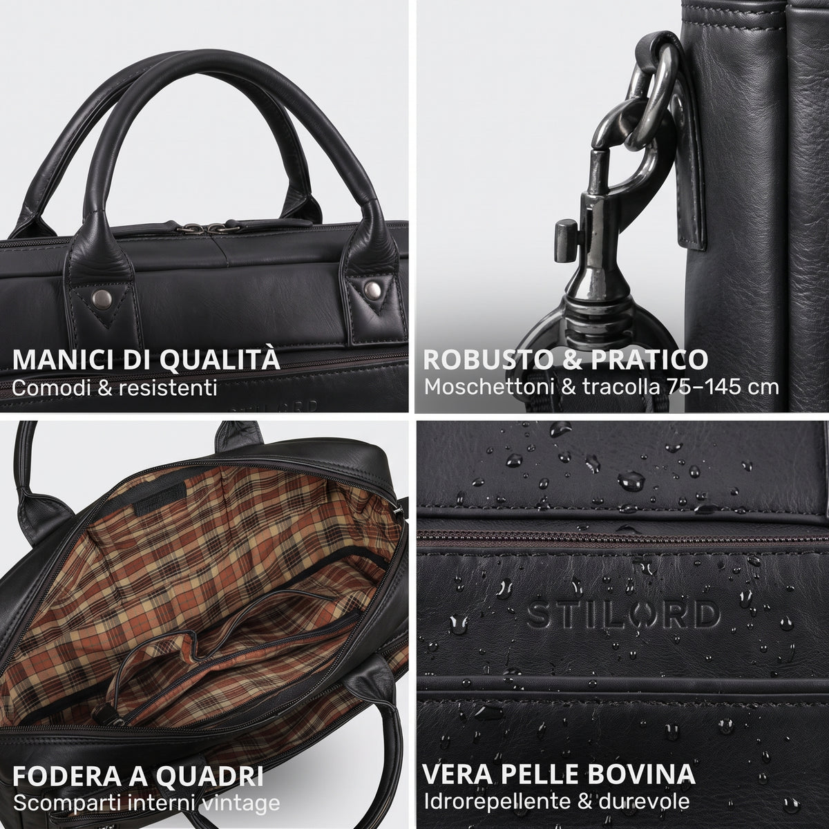 Schwarze Business-Tasche aus Rindleder, Nahaufnahmen: Griffe, Karabiner, kariertes Innenfutter und wasserabweisende STILORD-Prägung