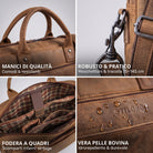 Braune Business-Tasche aus Rindsleder, Nahaufnahmen: Griffe, Karabiner, kariertes Innenfutter und wasserabweisende Prägung STILORD