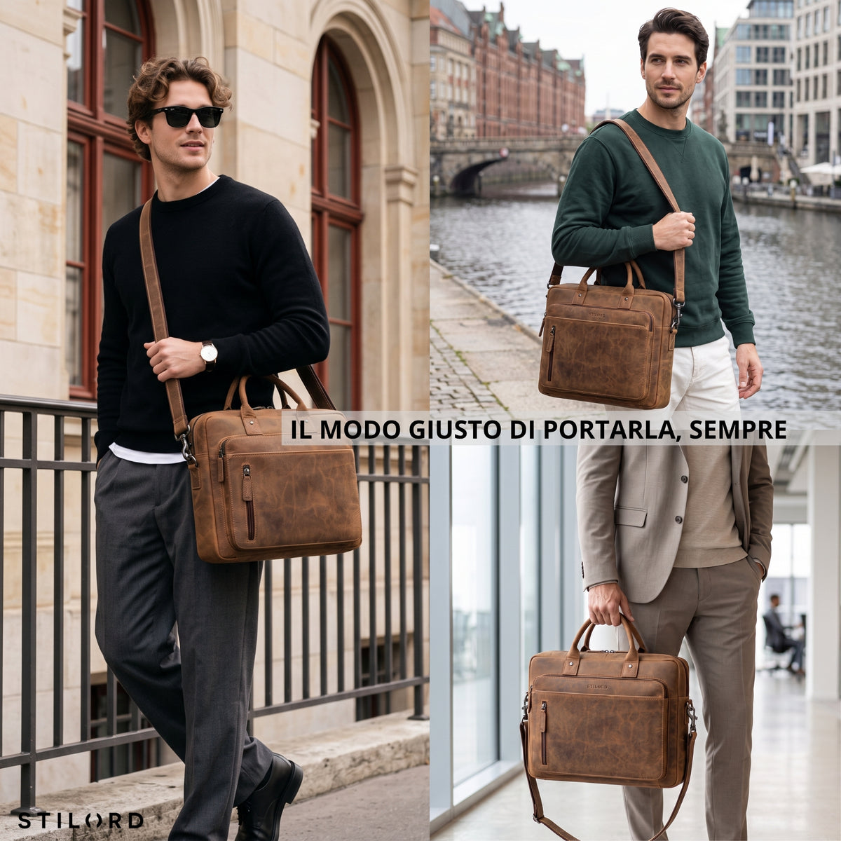 bergamo braun Leder-Business-Tasche mit Laptopfach 13–14 Zoll, quer getragen an Mann in urbaner Umgebung, sichtbares STILORD-Logo