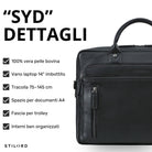 Schwarze Leder-Business-Tasche mit sichtbarer Prägung, Fronttasche und Griff, Detailansicht des gepolsterten Laptopfachs 13–14 Zoll