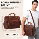 Braune Leder Business Tasche mit Laptopfach 13–14 Zoll, Vorderansicht mit Schultergurt und Modell, Maße 38×30×10 cm, STILORD Prägung
