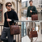 Braune Leder-Business-Tasche mit Laptopfach 13–14 Zoll, Handgriff und Schultergurt, an Modellen in urbaner Umgebung, STILORD sichtbar