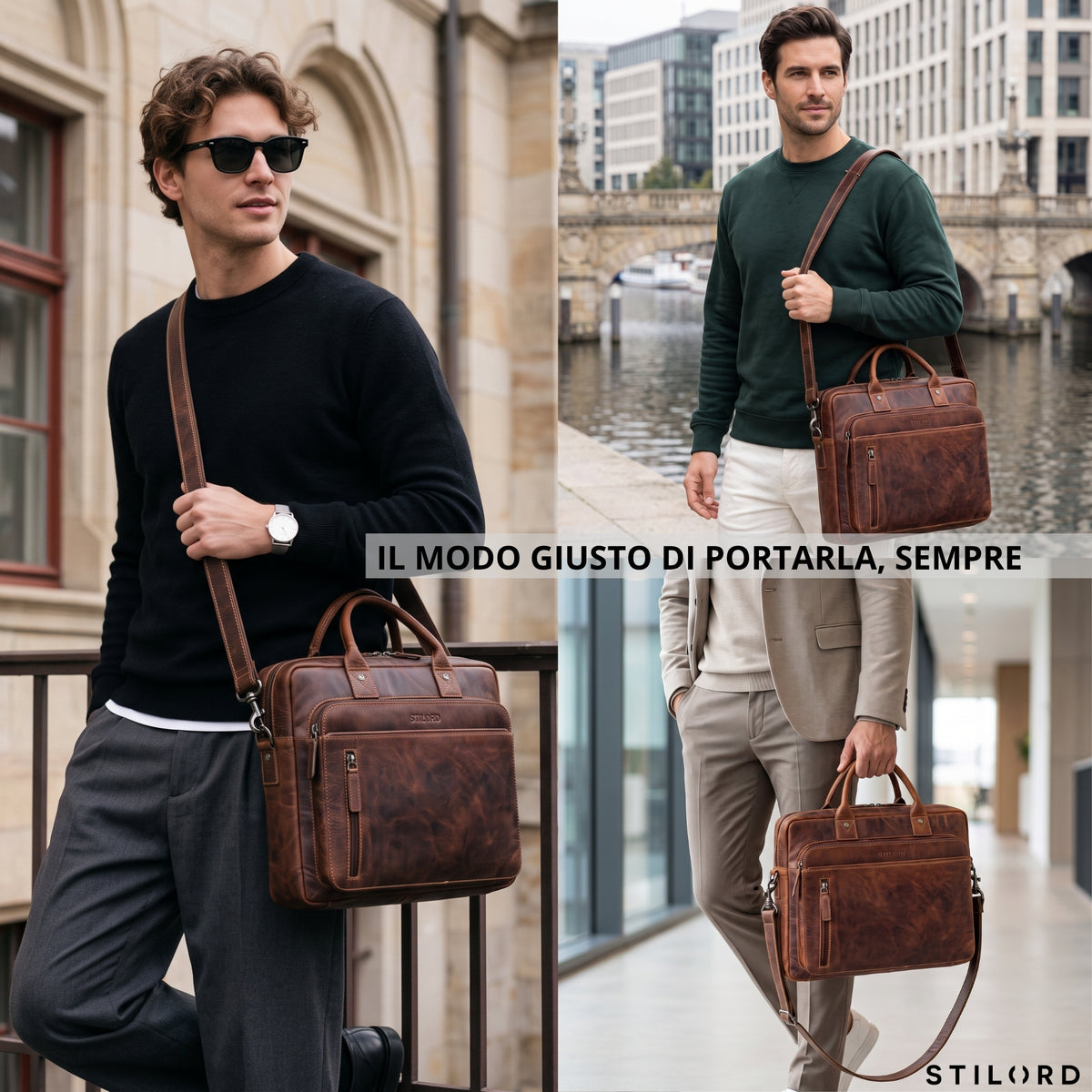 Braune Leder-Business-Tasche mit Laptopfach 13–14 Zoll, Handgriff und Schultergurt, an Modellen in urbaner Umgebung, STILORD sichtbar