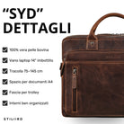 Braune Leder-Business-Tasche Syd, Front-Detail mit Griff, Reißverschlussfach und STILORD-Prägung, geeignet für 13–14 Zoll Laptops