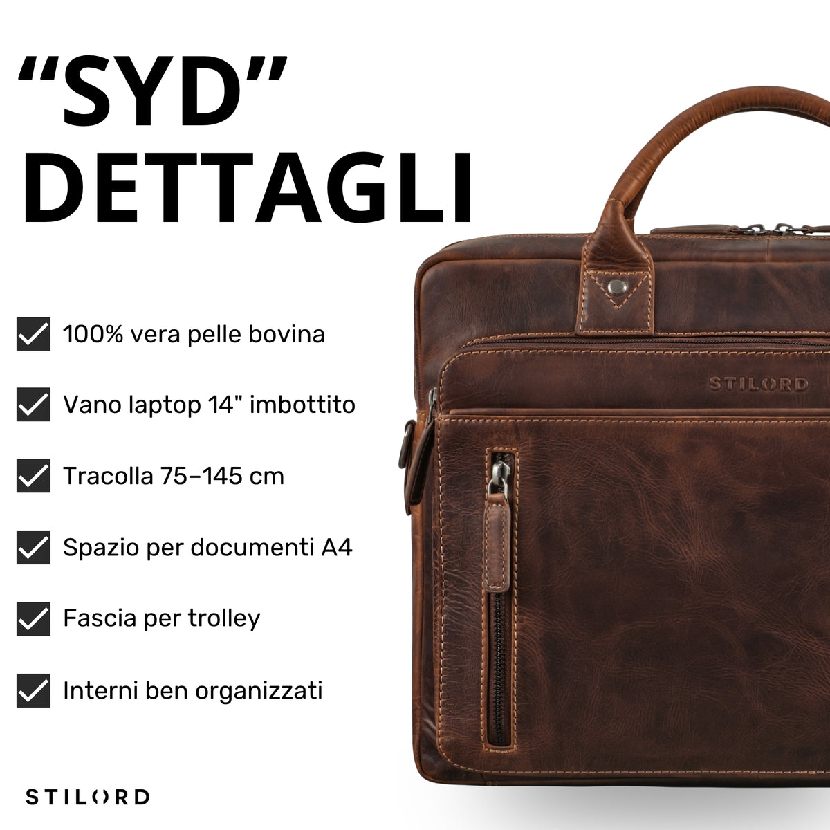 Braune Leder-Business-Tasche Syd, Front-Detail mit Griff, Reißverschlussfach und STILORD-Prägung, geeignet für 13–14 Zoll Laptops