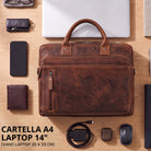 Braune Leder-Business-Tasche mit Laptopfach 13–14 Zoll, Frontreißverschluss, Griff, Draufsicht auf Schreibtisch mit Zubehör
