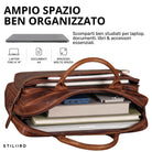 Braune Leder-Business-Tasche geöffnet, Innenfächer mit Laptop bis 14 Zoll, Bücher und Powerbank sichtbar