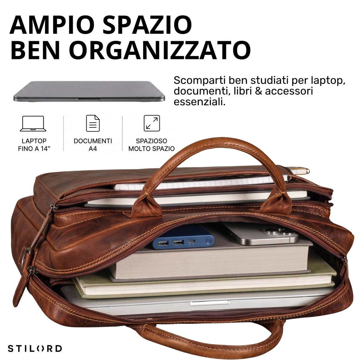 Braune Leder-Business-Tasche geöffnet, Innenfächer mit Laptop bis 14 Zoll, Bücher und Powerbank sichtbar