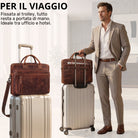 Braune Leder-Business-Tasche salerno mit Laptopfach 13-14" auf Trolley, frontal, Mann im Anzug in Lobby