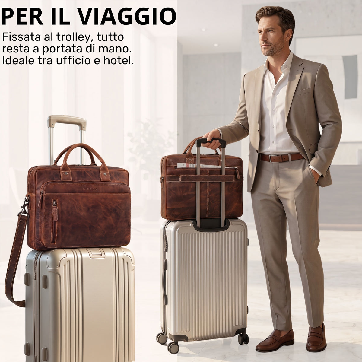 Braune Leder-Business-Tasche salerno mit Laptopfach 13-14" auf Trolley, frontal, Mann im Anzug in Lobby