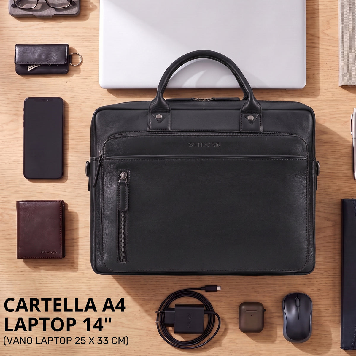Schwarze Leder-Business Tasche mit Laptopfach 13–14 Zoll, sichtbare STILORD Prägung, flach liegend, Frontansicht