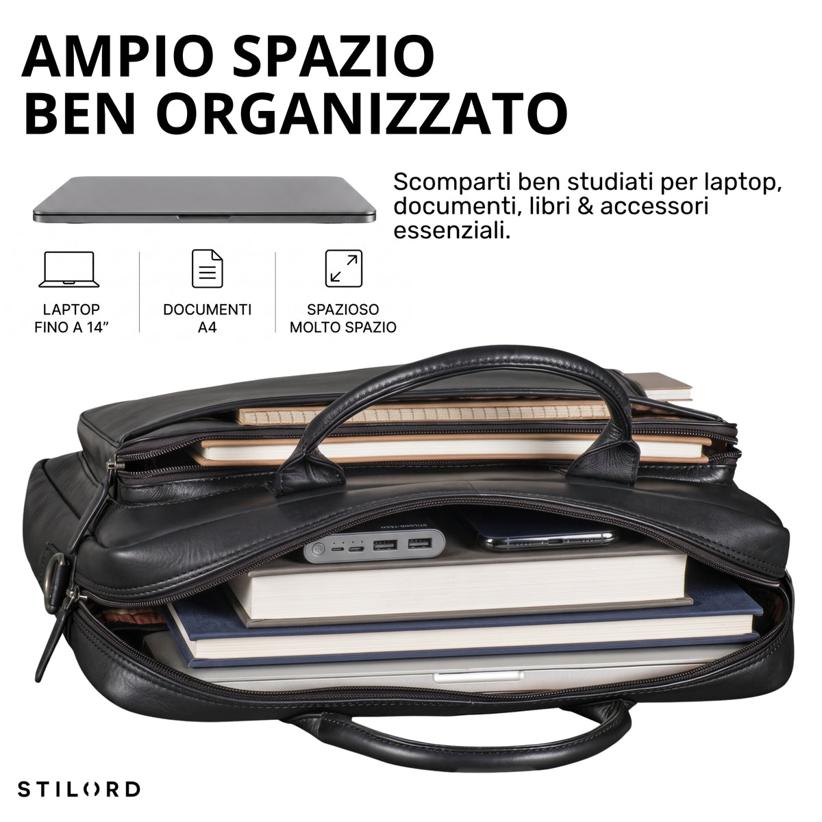 Schwarze Leder-Business-Tasche offen, zeigt gepolstertes Laptopfach und mehrere Innenfächer mit Büchern und Zubehör, Platz bis 14 Zoll