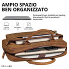 Offene braune Leder-Business-Tasche mit Laptopfach 13–14 Zoll, Notizbüchern und Powerbank, Draufsicht auf Innenfächer