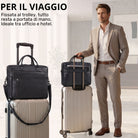 Schwarze Leder-Business-Tasche mit Laptopfach und Frontreißverschluss, befestigt am Trolleygriff, neben Mann im Anzug