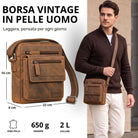 Borsa uomo piatta in pelle marrone, vista frontale con tasche con zip, indossata dal modello, compatibile con tablet 8 pollici