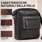 Piccola borsa a tracolla uomo in pelle nera, vista frontale con tasche con zip e marchio STILORD, per tablet 8 pollici