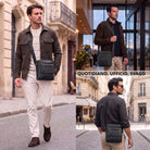 Borsa tracolla piatta in pelle nera per tablet 8 pollici, indossata da uomo in strada e in ufficio, vista anteriore e posteriore