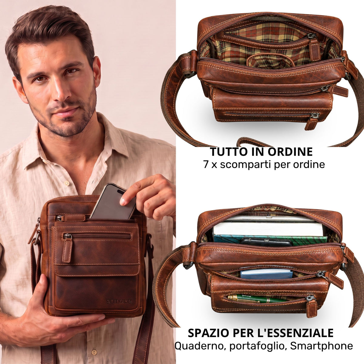Piccola tracolla in pelle marrone per uomo, piatta, vista frontale con interno aperto e scomparti per tablet 8 pollici e smartphone
