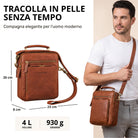 Piccola tracolla in pelle maraska marrone con stampa STILORD visibile, vista frontale con misure e modello che la indossa