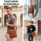 Piccola borsa tracolla in pelle marrone con manico e tracolla regolabile, indossata a tracolla e portata a mano, logo STILORD visibile