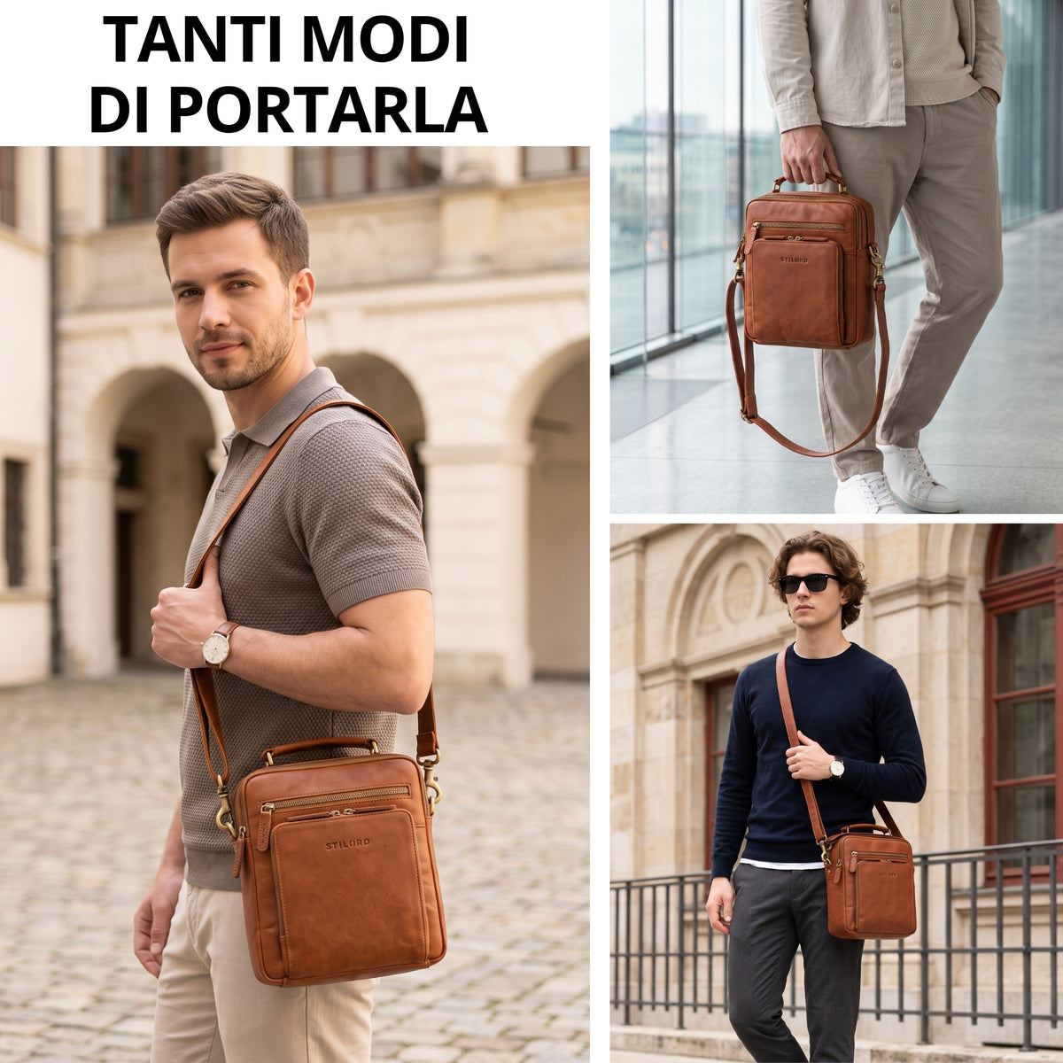 Piccola borsa tracolla in pelle marrone con manico e tracolla regolabile, indossata a tracolla e portata a mano, logo STILORD visibile