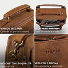 Piccola tracolla in pelle color tan, dettagli: manico, scomparti organizzati per tablet 10,1"/A5, moschettone metallico e stampa STILORD idrorepellente