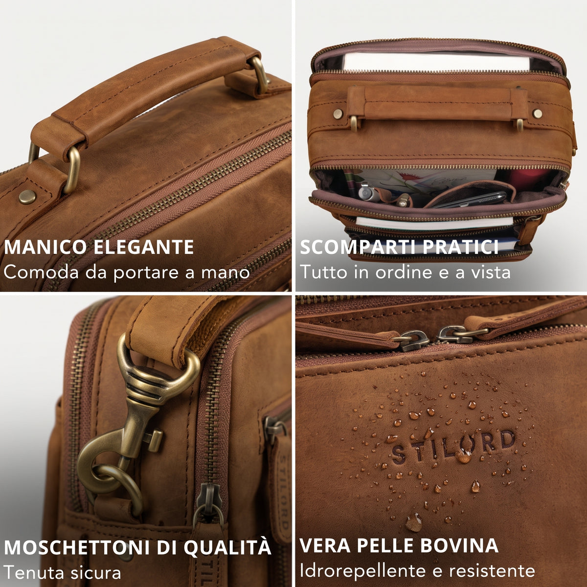 Piccola tracolla in pelle color tan, dettagli: manico, scomparti organizzati per tablet 10,1"/A5, moschettone metallico e stampa STILORD idrorepellente