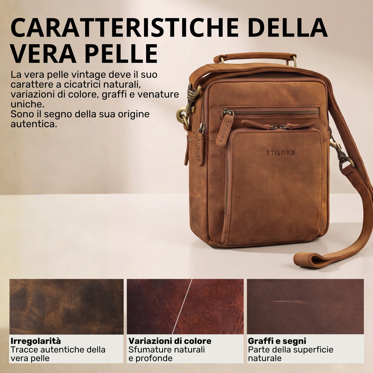 Piccola tracolla uomo in pelle bovina tan, vista frontale con manico superiore, tasca frontale, tracolla regolabile e stampa STILORD visibile