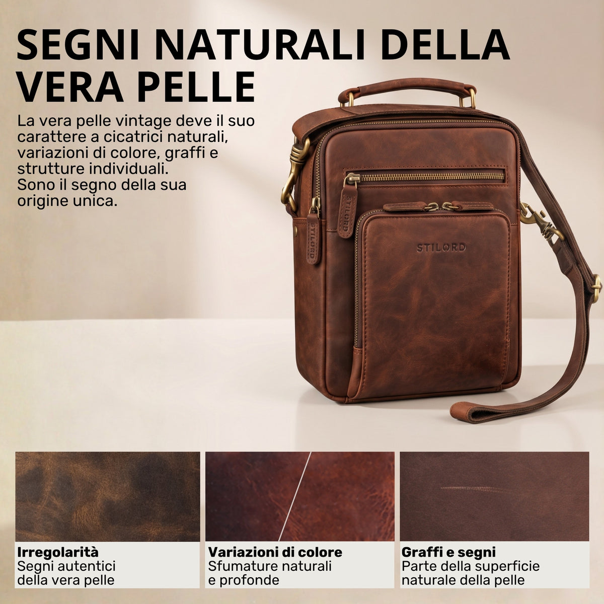 Piccola borsa a tracolla in pelle con manico, tasca frontale stampata STILORD, zamora marrone, per tablet 10,1 e A5