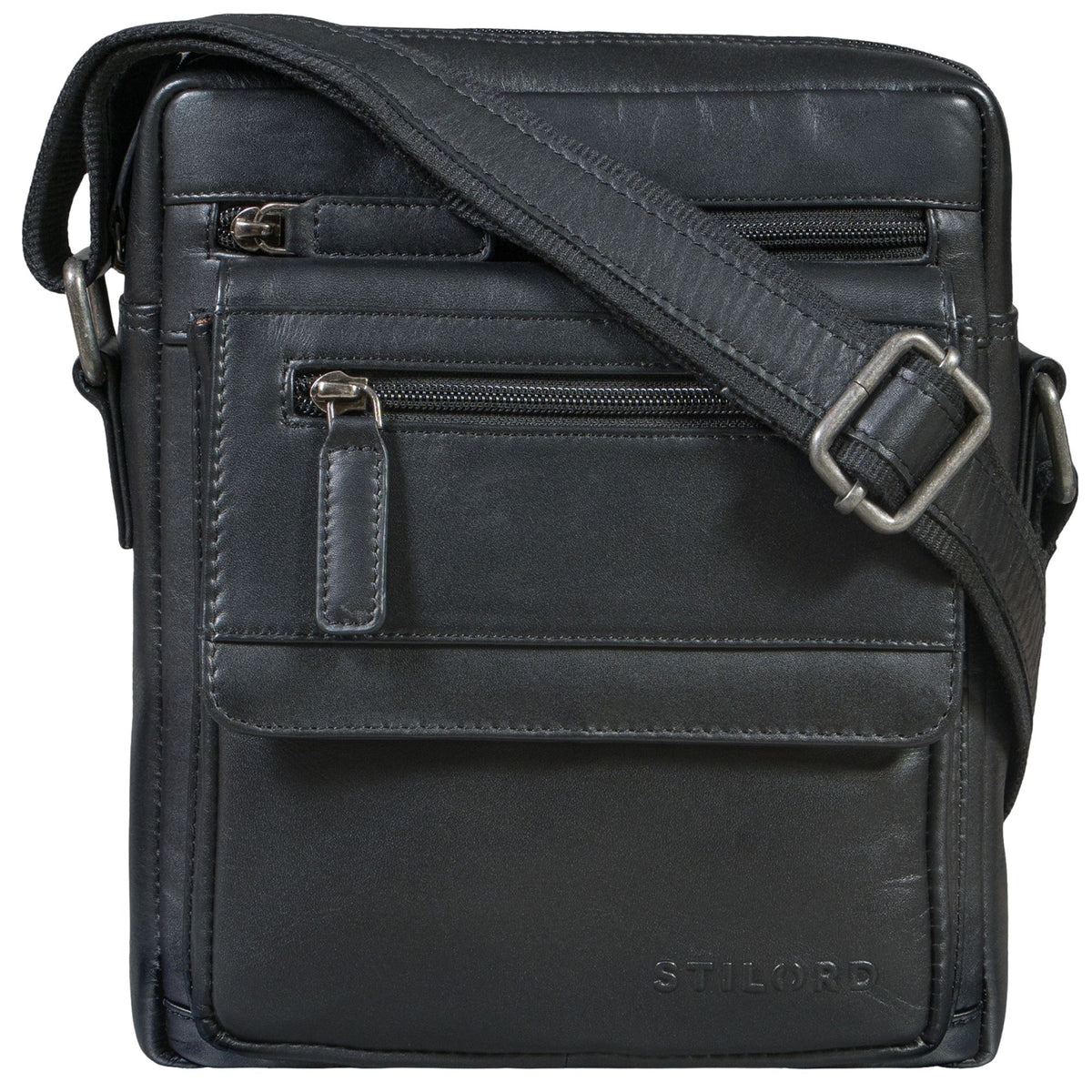 Piccola tracolla in pelle nera, piatta per tablet 8 pollici, tasche frontali con cerniere, tracolla regolabile, stampa STILORD