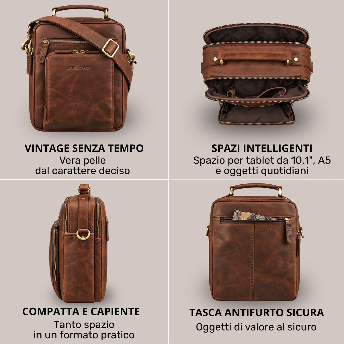 Piccola borsa a tracolla in pelle marrone, vista frontale, laterale e interno aperto, per tablet 10,1\" e A5, STILORD