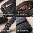 Borsa a tracolla piatta da uomo in pelle nera, fodera interna a quadri, tasca con cerniera, dettaglio fibbia e logo STILORD impresso
