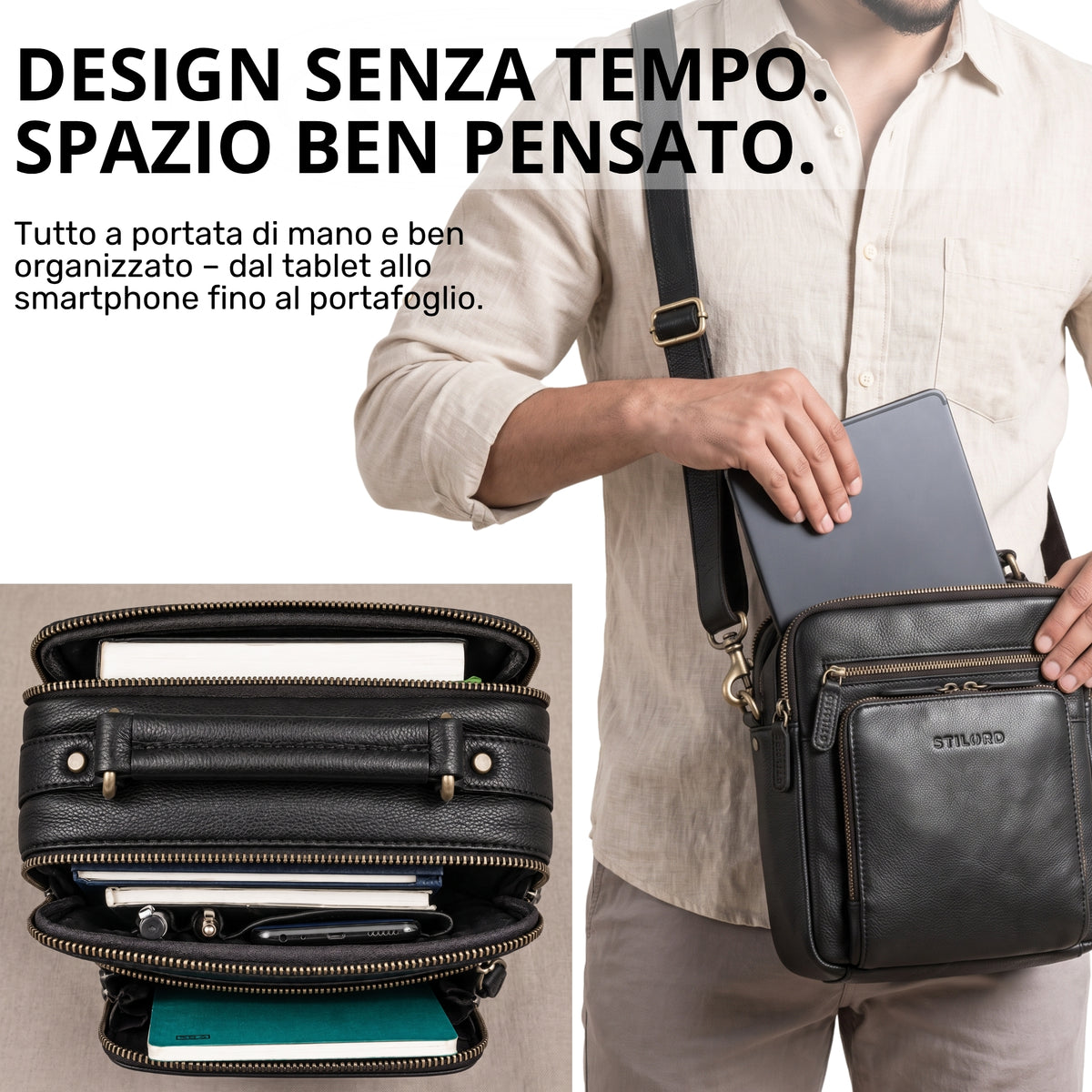 Tracolla piccola in pelle nera con manico, uomo inserisce tablet 10,1 pollici nel vano frontale, stampa STILORD visibile