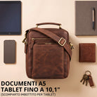 Piccola borsa tracolla in pelle marrone zamora con manico superiore, tracolla regolabile, ferrature ottone e stampa STILORD, adatta a tablet 10,1" e A5