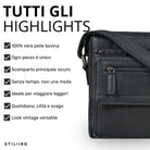 Borsa tracolla nera in pelle per tablet 8 pollici, tasche frontali e tracolla, dettaglio a destra, testo in italiano