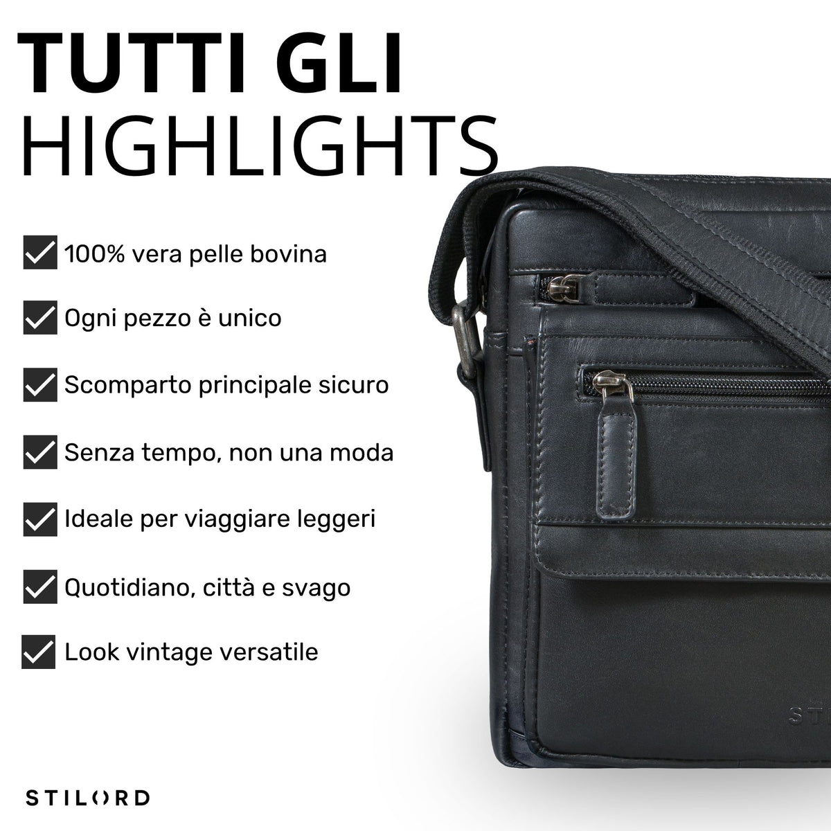 Borsa tracolla nera in pelle per tablet 8 pollici, tasche frontali e tracolla, dettaglio a destra, testo in italiano
