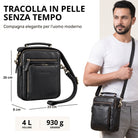 Piccola tracolla in pelle nera con manico, tasca anteriore con zip, tracolla regolabile e logo STILORD in rilievo