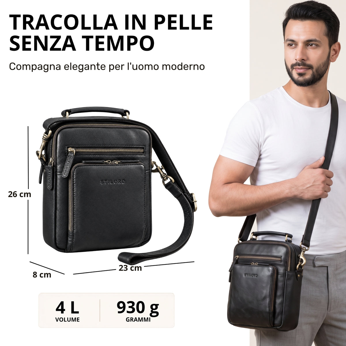 Piccola tracolla in pelle nera con manico, tasca anteriore con zip, tracolla regolabile e logo STILORD in rilievo