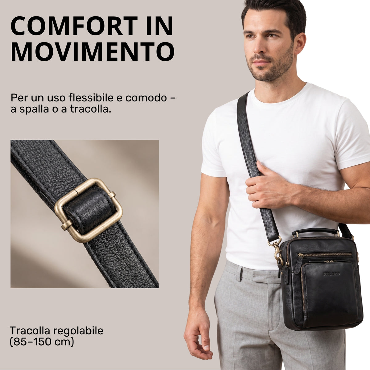 Piccola borsa tracolla in pelle nera con manico e tracolla regolabile, uomo la porta a tracolla; dettaglio fibbia cinghia