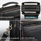 Piccola tracolla in pelle nera con manico, scomparti visibili per tablet/A5, moschettone in ottone e logo impresso con gocce