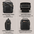 Piccola borsa a tracolla in pelle nera con manico e tracolla regolabile, scomparti interni aperti e tasca posteriore con zip, logo STILORD.