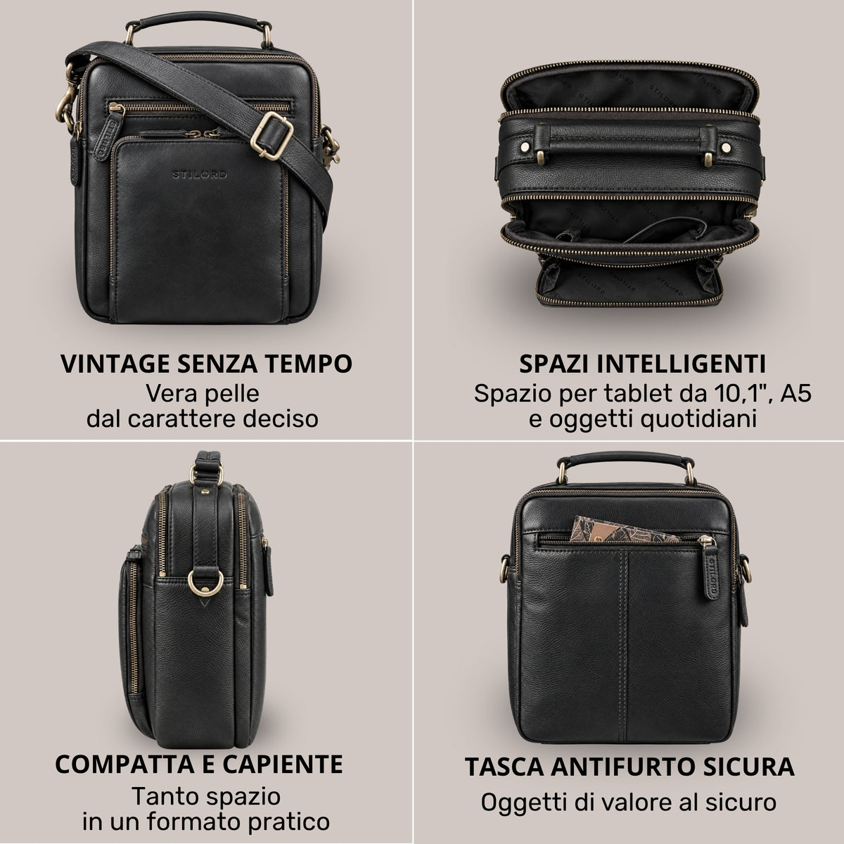 Piccola borsa a tracolla in pelle nera con manico e tracolla regolabile, scomparti interni aperti e tasca posteriore con zip, logo STILORD.