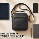 Piccola borsa a tracolla in pelle nera con manico e tracolla regolabile, logo STILORD impresso, vista dall'alto con tablet e smartphone a confronto